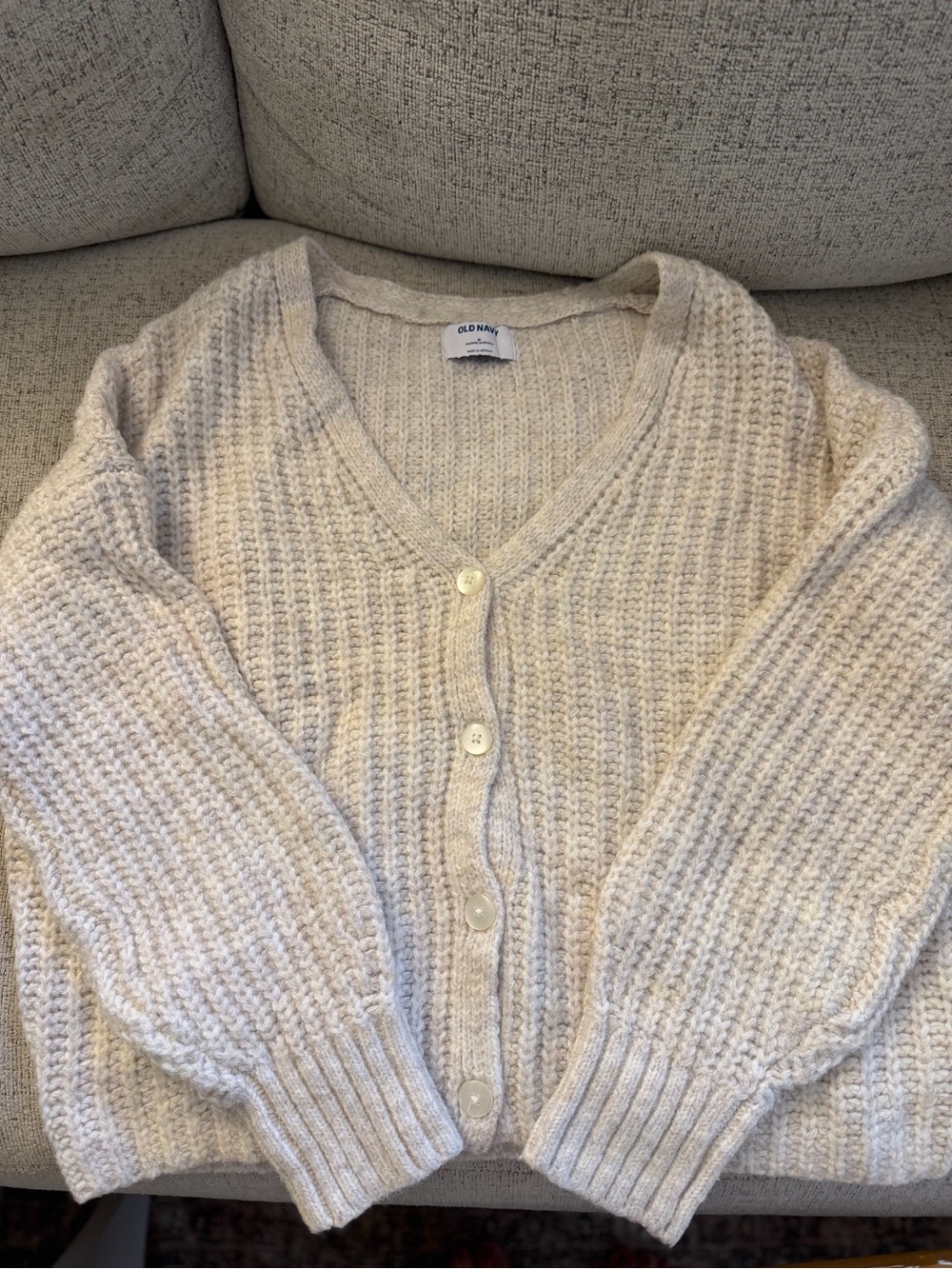 Old Navy Cream Button-Front V-Neck Waffle Cardigan